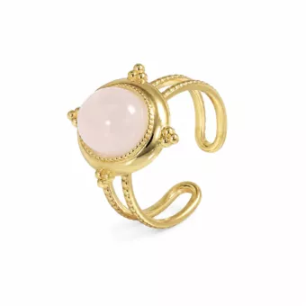 Anel oval de quartzo rosa em aço inoxidável banhado a ouro