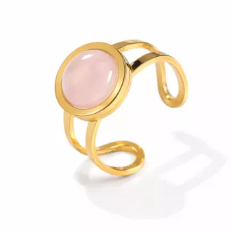 Anel em aço inoxidável banhado a ouro com quartzo rosa redondo