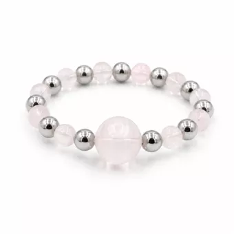 Anel de prata com contas e quartzo rosa