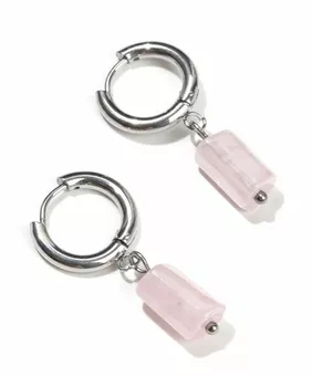 Brincos Cilindro de Prata em Aço Inoxidável 11mm Quartzo Rosa A