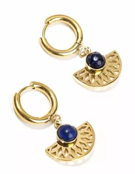 Brincos de lápis-lazúli com estampa asteca em aço inoxidável banhado a ouro, tamanho AA, 33 mm