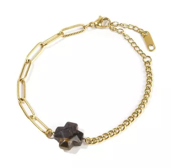 Pulseira Cruz Olho de Tigre A em Aço Inoxidável Dourado 16cm