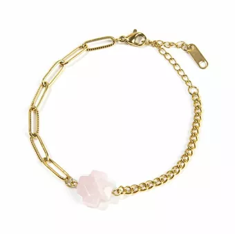 Pulseira Cruz 16cm Quartzo Rosa A em Aço Inoxidável