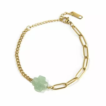 Pulseira Cruz Aventurina Verde 16cm em Aço Inoxidável Banhado a Ouro