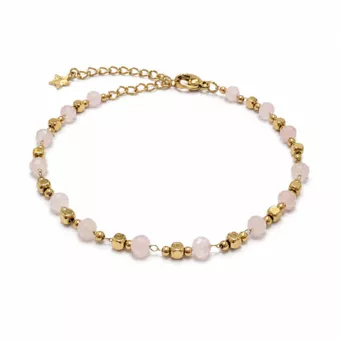 Pulseira Energia em Quartzo Rosa AB – Contas Douradas