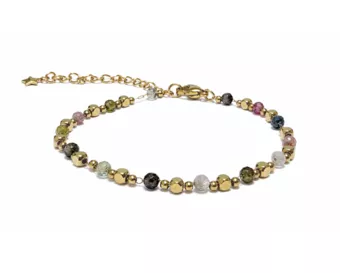 Pulseira Energia em Turmalina Multicolorida A – Contas Douradas
