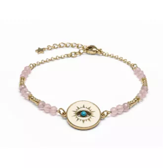 Pulseira de Proteção em Quartzo Rosa A – Medalhão Olho Protetor