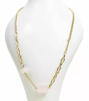 Colar de Aço Inoxidável Dourado Quartzo Rosa A 48cm