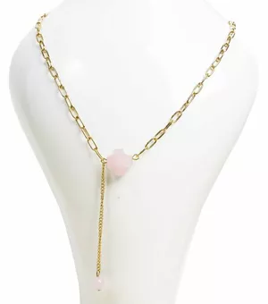Colar de corrente de aço inoxidável dourado Pingente de cruz de quartzo rosa A Facetada