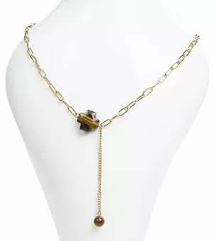 Colar de Aço Inoxidável Dourado com Pendente Cruz de Olho de Tigre A Facetado