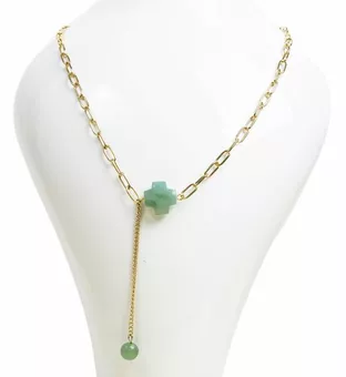 Colar de corrente de aço inoxidável dourado Pingente de cruz de aventurina verde A Facetada