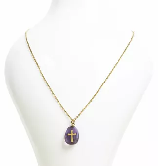 Colar em Aço Inoxidável Dourado com Ametista A e Cruz
