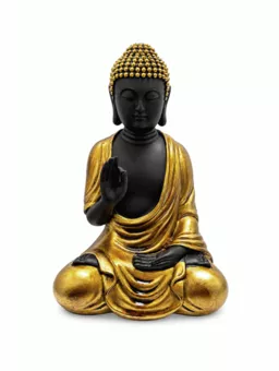 Estátua de Buda Abhaya Preta e Dourada em Resina 16 cm