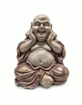 Estátua de Buda Risonho Roxo Patinado e Dourado em Resina 26 cm
