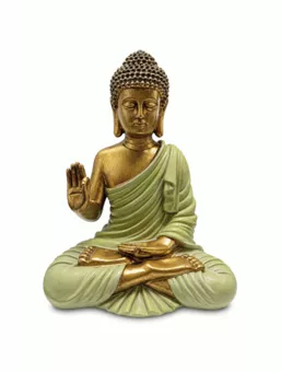 Estátua de Buda Abhaya Verde e Dourada em Resina 23 cm