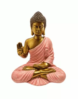 Estátua de Buda Abhaya Rosa e Dourada em Resina 23 cm