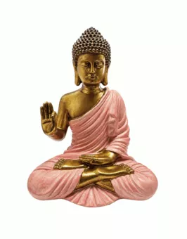 Estátua de Buda Abhaya Rosa e Dourada em Resina 23 cm