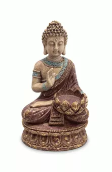 Estátua de Buda Abhaya com Lótus Roxo e Dourado em Resina 25 cm