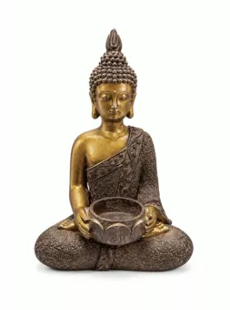 Estátua de Buda Meditando com Tigela Castanho e Dourado em Resina 25 cm