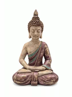 Estátua de Buda em Meditação Roxo e Dourado em Resina 31 cm