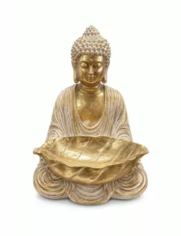 Estátua de Buda com Taça Folha Branca e Dourada em Resina 30 cm