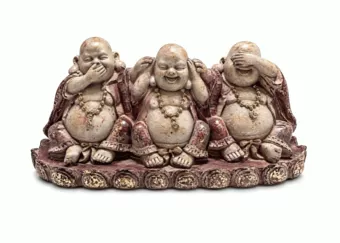 Estátua de 3 Budas Risonhos da Sabedoria Roxa e Dourada em Resina 9 cm