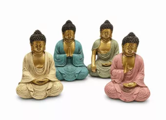 Conjunto de 4 Estátuas de Buda da Meditação Multicoloridas em Resina 10 cm