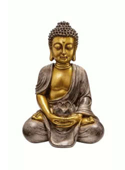 Estátua de Buda Meditação com Lótus Dourada e Taupe em Resina 30 cm