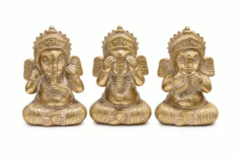 Conjunto de 3 Estátuas de Ganesh da Sabedoria Douradas em Resina 12 cm