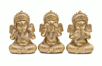 Conjunto de 3 Estátuas de Ganesh da Sabedoria Douradas em Resina 12 cm