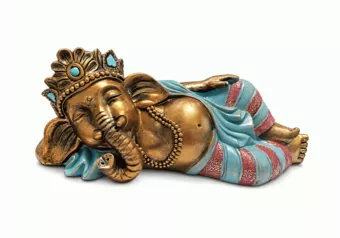 Estátua de Ganesh Deitado Azul Turquesa e Dourado em Resina 31 cm
