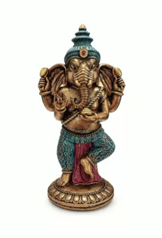 Estátua de Ganesh em Pé Azul-Turquesa e Dourada em Resina 32 cm