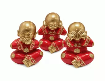 Conjunto de 3 Monges da Sabedoria Vermelhos e Dourados em Resina 12 cm