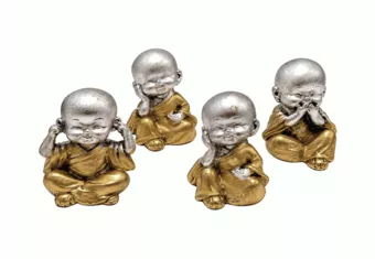 Conjunto de 4 Monges da Sabedoria Prateados e Dourados em Resina 5,5 cm