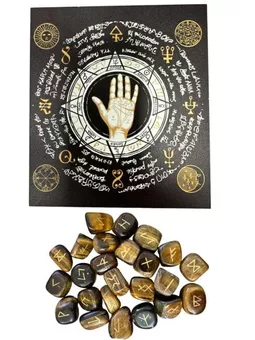 Caixa Runa Futhark Olho de Tigre em saco de tecido 10x11cm