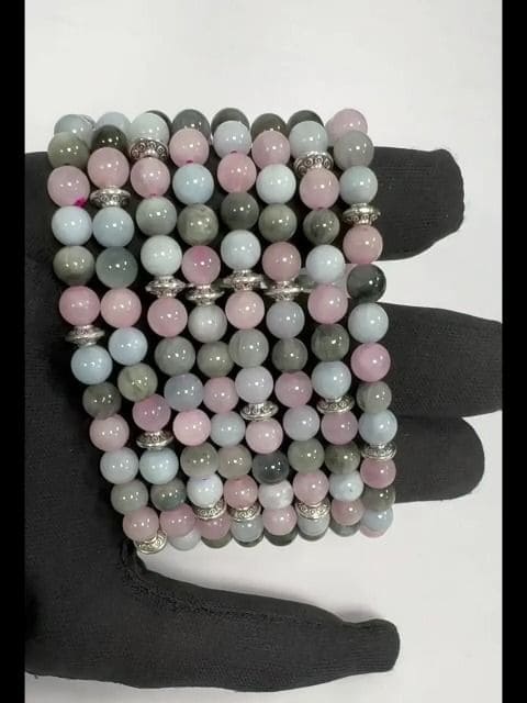 Pulseira Aquamarine Quartzo Rosa Olho de Falcão e Charms A contas 6mm