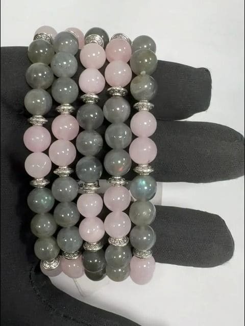 Quartzo Rosa Labradorite e Amuletos 8mm Pulseira de Contas