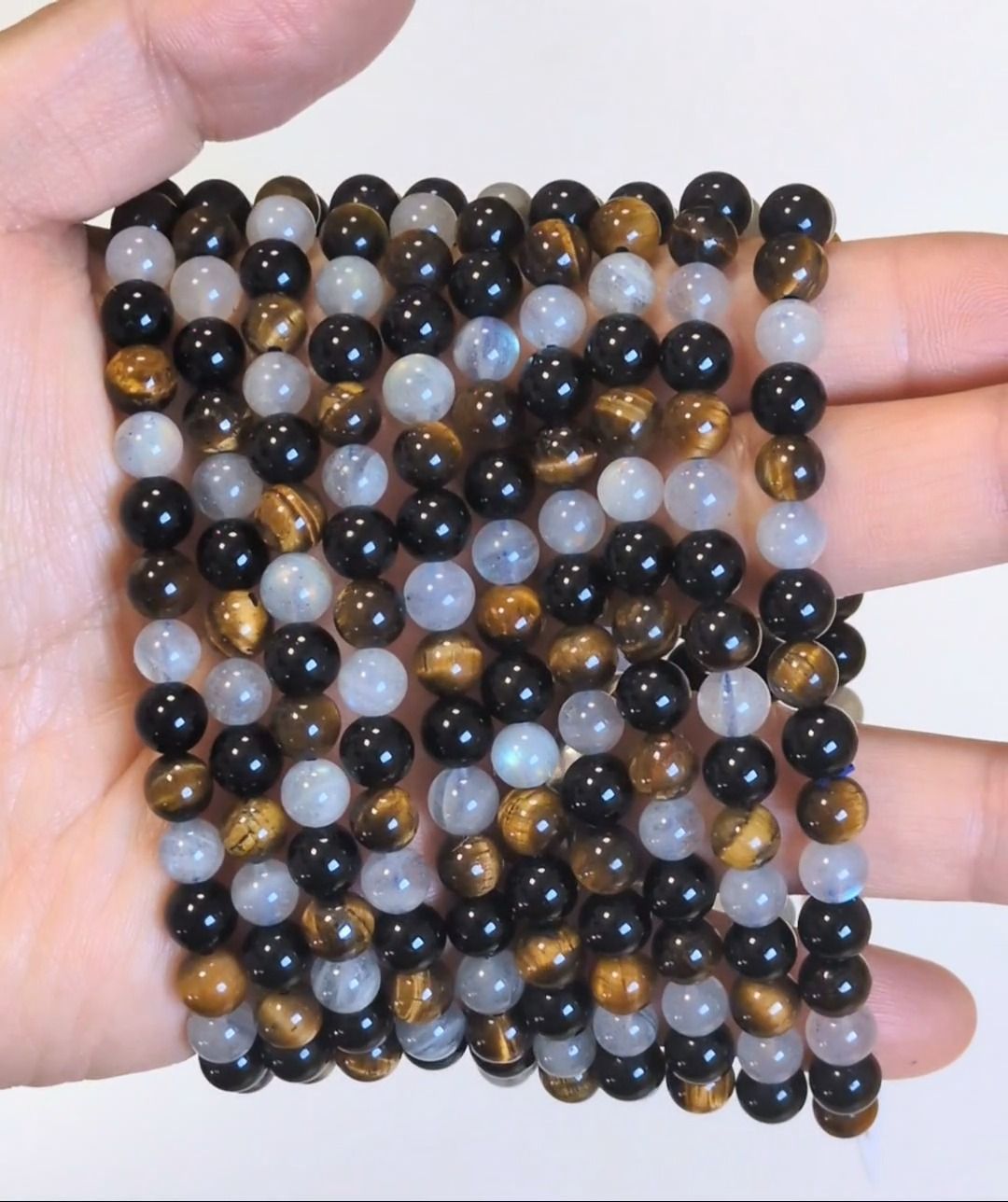 Pulseira de Labradorita, Olho de Tigre e Obsidiana Negra com contas A de 6mm