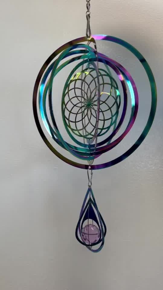 Carrilhão de vento em aço 3D flor da vida em arco-íris Cristal 15cm